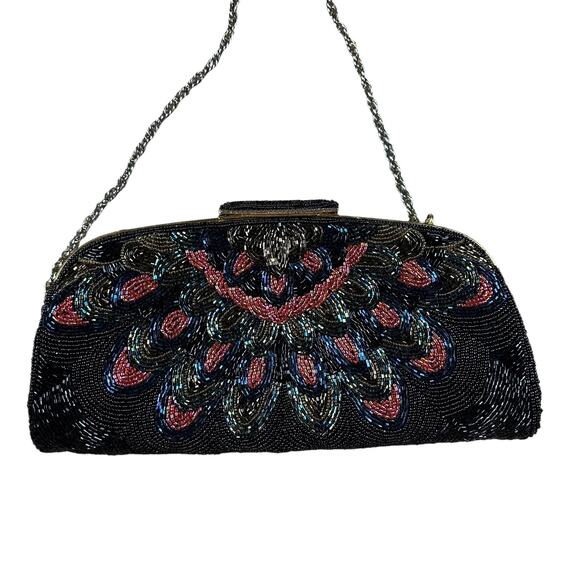 VINTAGE Beaded Top Clasp Shoulder Bag Colorful Black Pink Gatsby - Picture 2 of 6